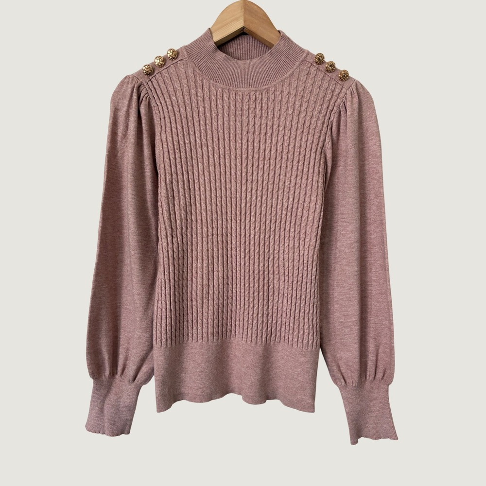 Adrianna Papell Pink Cable Knit Mock Neck Puff Sleeve Button Shoulder Sweater S